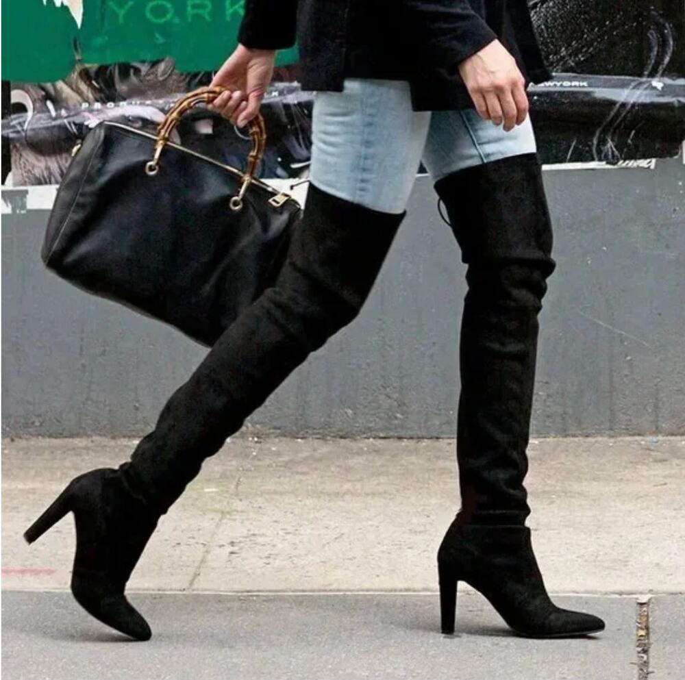 Stuart Weitzman Over The Knee Heeled Boots 8.5 Suede Black Stiletto Platform OTK